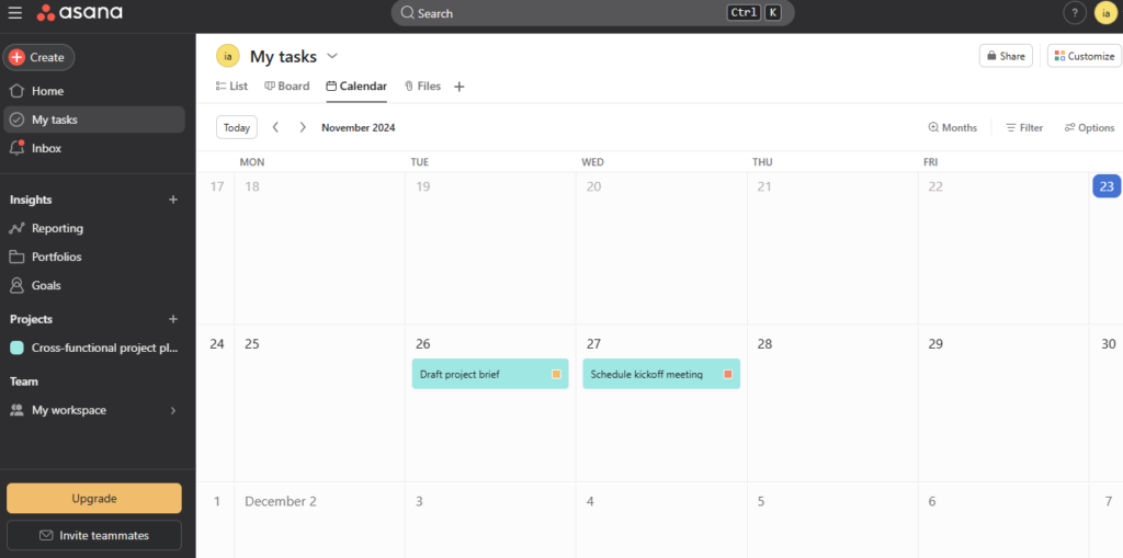 Asana calendar view
