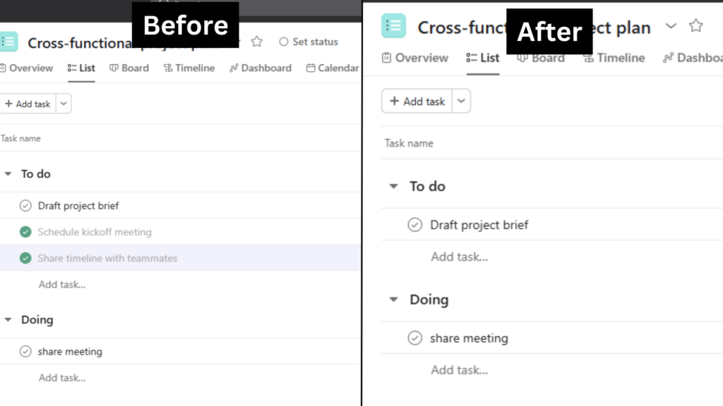 Before and after hiding completed task in Asana with filter