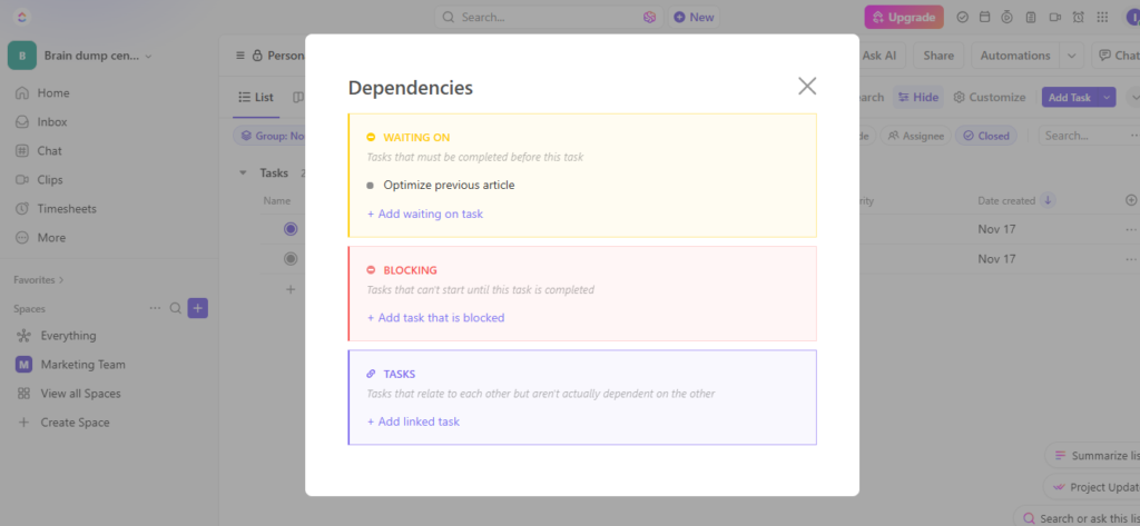 Clickup dependency