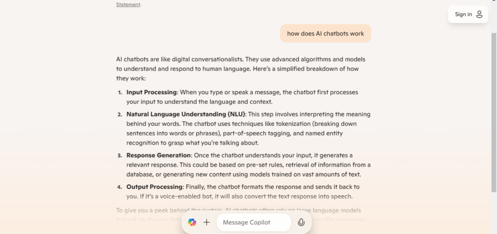 Microsoft copilot chatbot response
