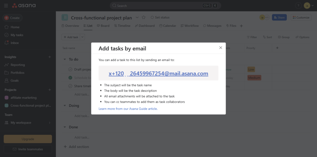 unique email address of projects in Asana