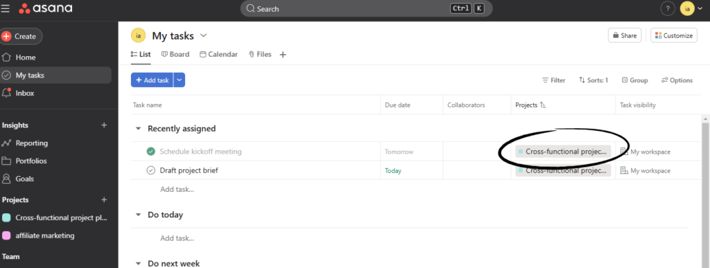 Screenshot showing where project is on Asana
