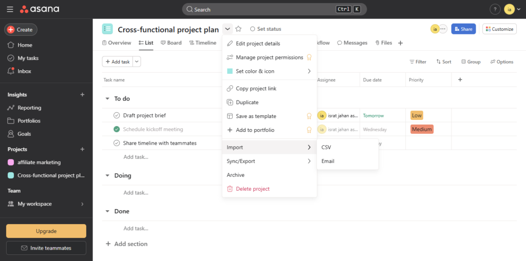 Screenshot showing how to find unique email id of a project in Asana