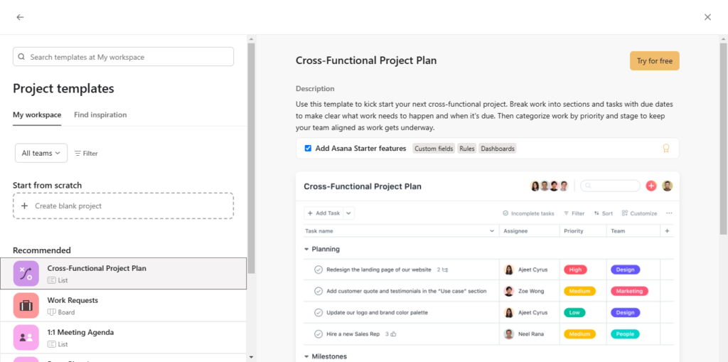 screenshot showing where the templates are saved in Asana