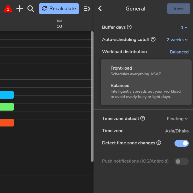 Flowsavvy's Workload feature settings