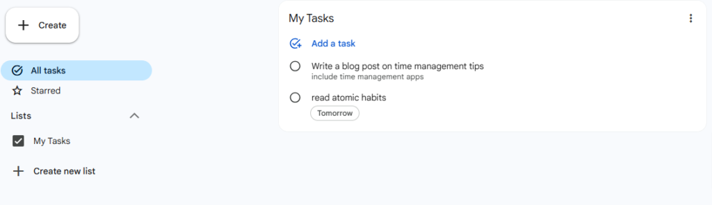 Google Task interface