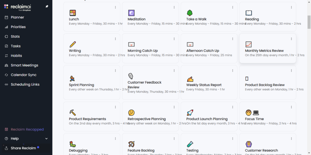 Smart Habits template of Reclaim