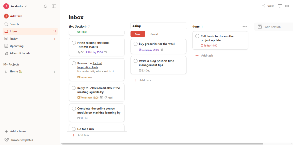 Interface of Todoist