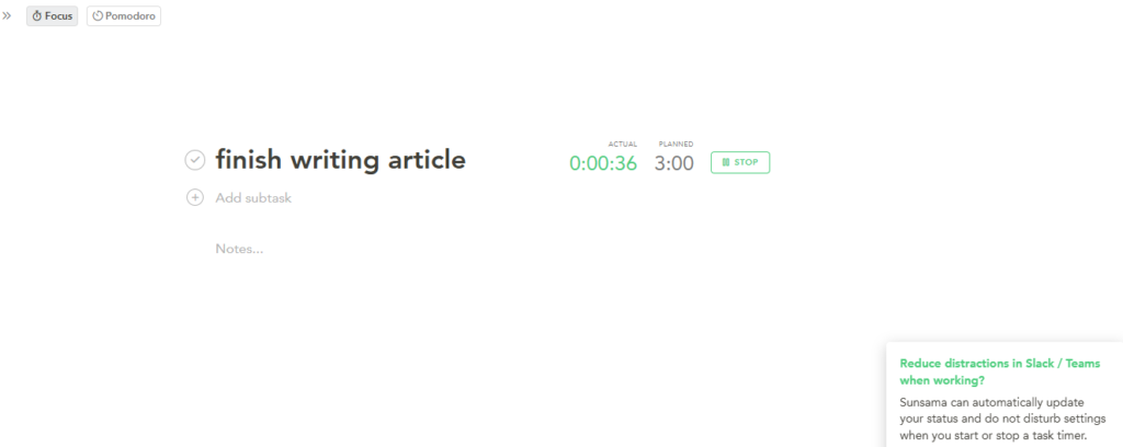 Sunsama focus mode and Pomodoro session 