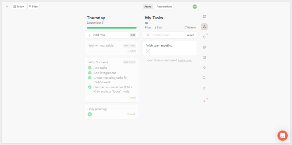 adding tasks from Asana to Sunsama