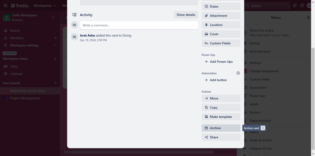 archive card on Trello