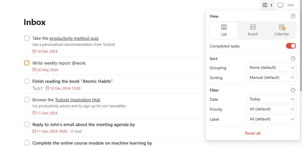 Click on completed tasks in Todoist view