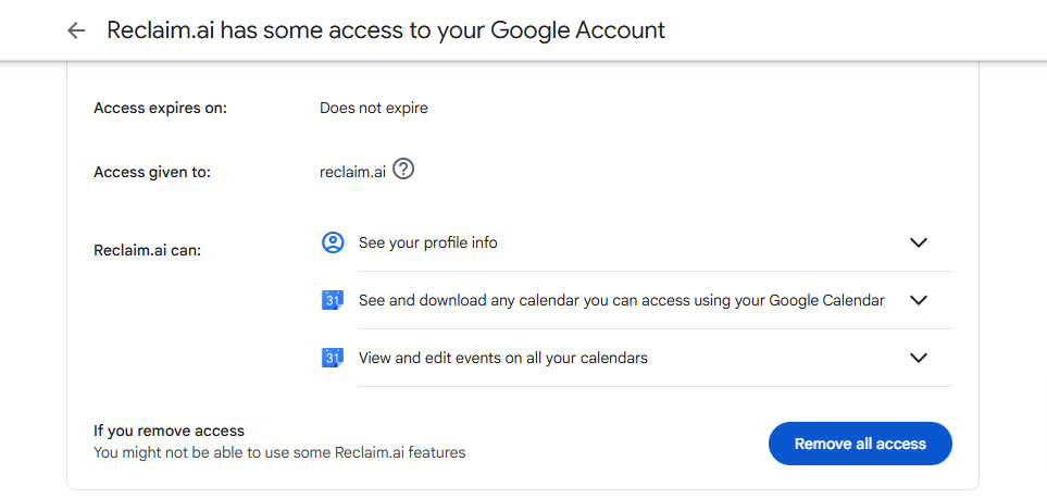 removing access of Reclaim from Google calendar
