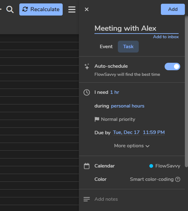 setting up meeting as tasks in Flowsavvy